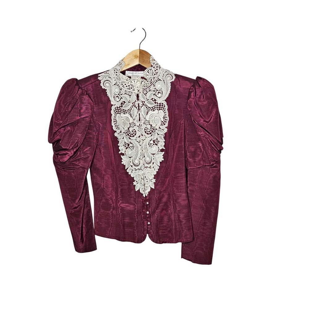 Jessica McClintock Vintage Burgundy Moire Lace Victorian Puff Sleeve Jacket XS